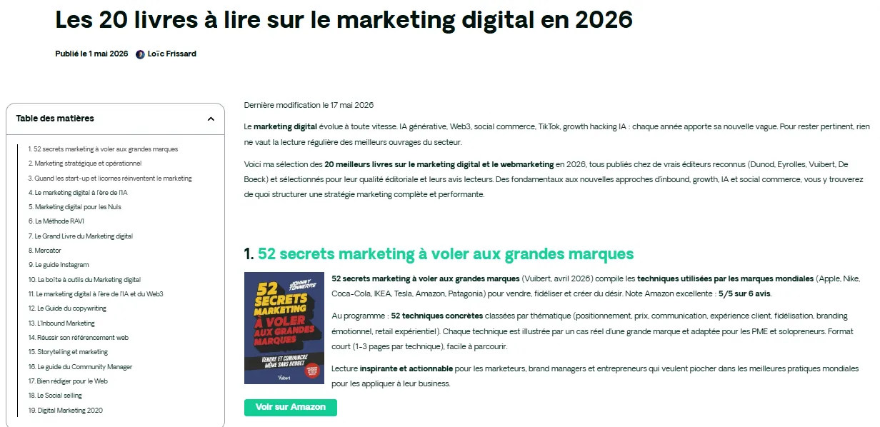 Le site Digitiz place 52 Secrets Marketing en tête de sa sélection des 20 livres à lire sur le marketing digital en 2026