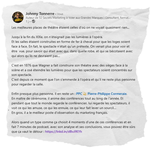 Post LinkedIn publié par Johnny Tonnerre pour promouvoir un épisode de podcast